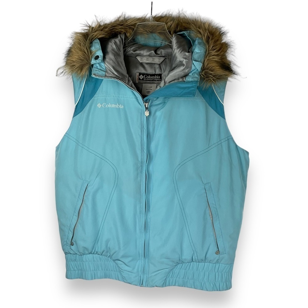 Columbia Down‎ Puffer Vest Baby Blue Faux Fur Hooded Winter Youth XL Women’s S-M